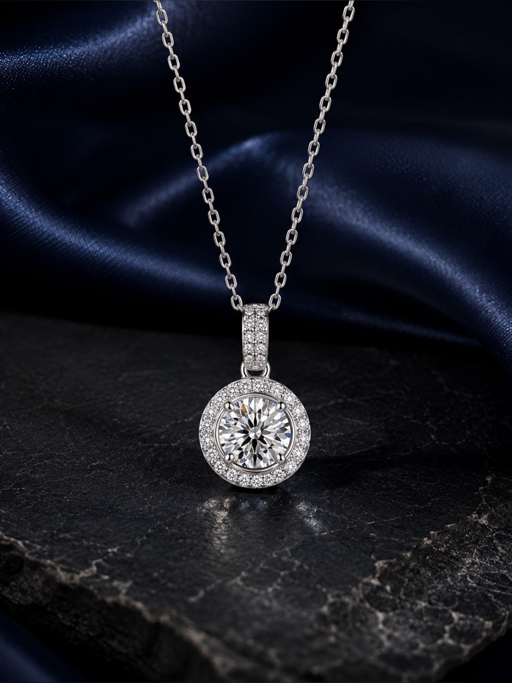 1 CT H&A Moissanite Halo Pendant Necklace 925 Sterling Silver